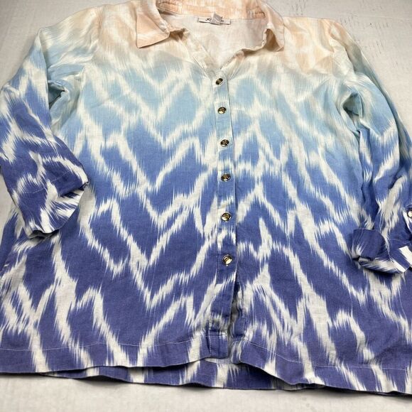 JM Collection Linen Button Down Shirt Printed 3/4 Sleeve Casual Top Size 12 - Picture 2 of 10